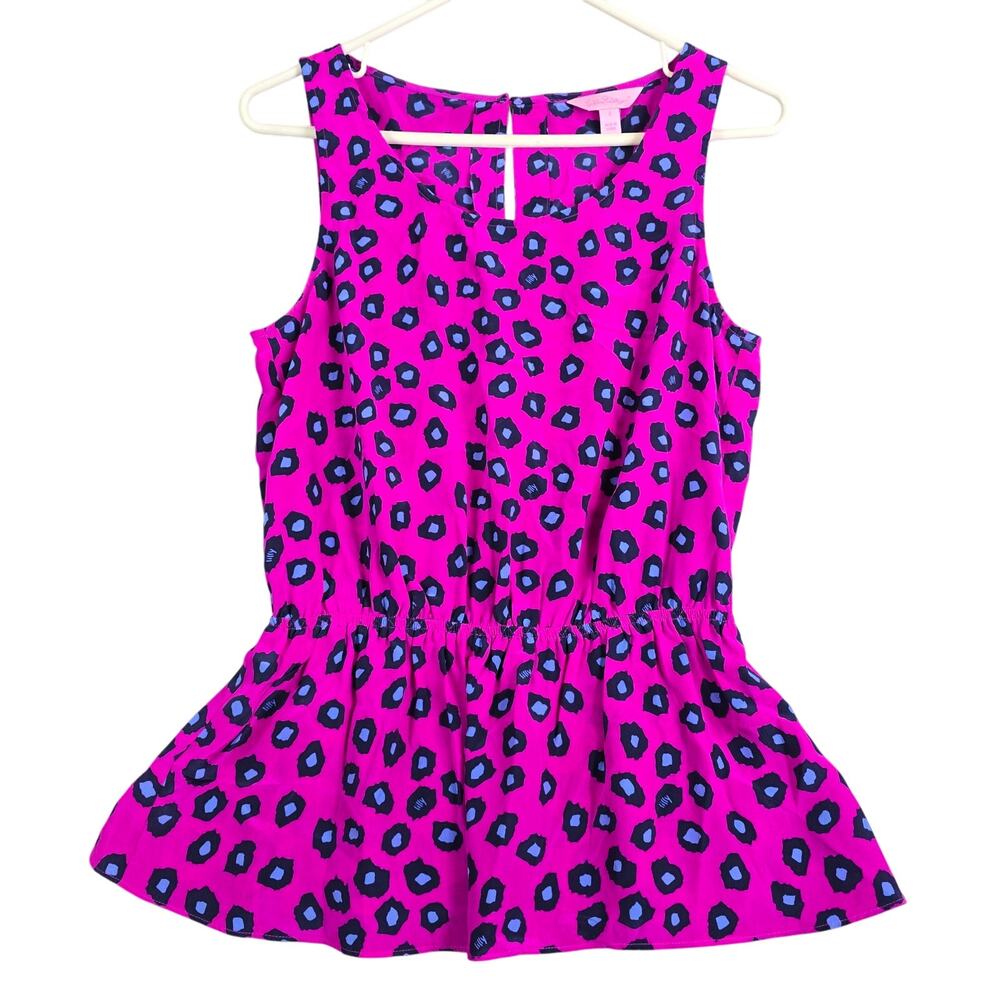 Lilly Pulitzer Silk Peplum Blouse Women's Small Pink Cheetah Leopard Barbie NWOT